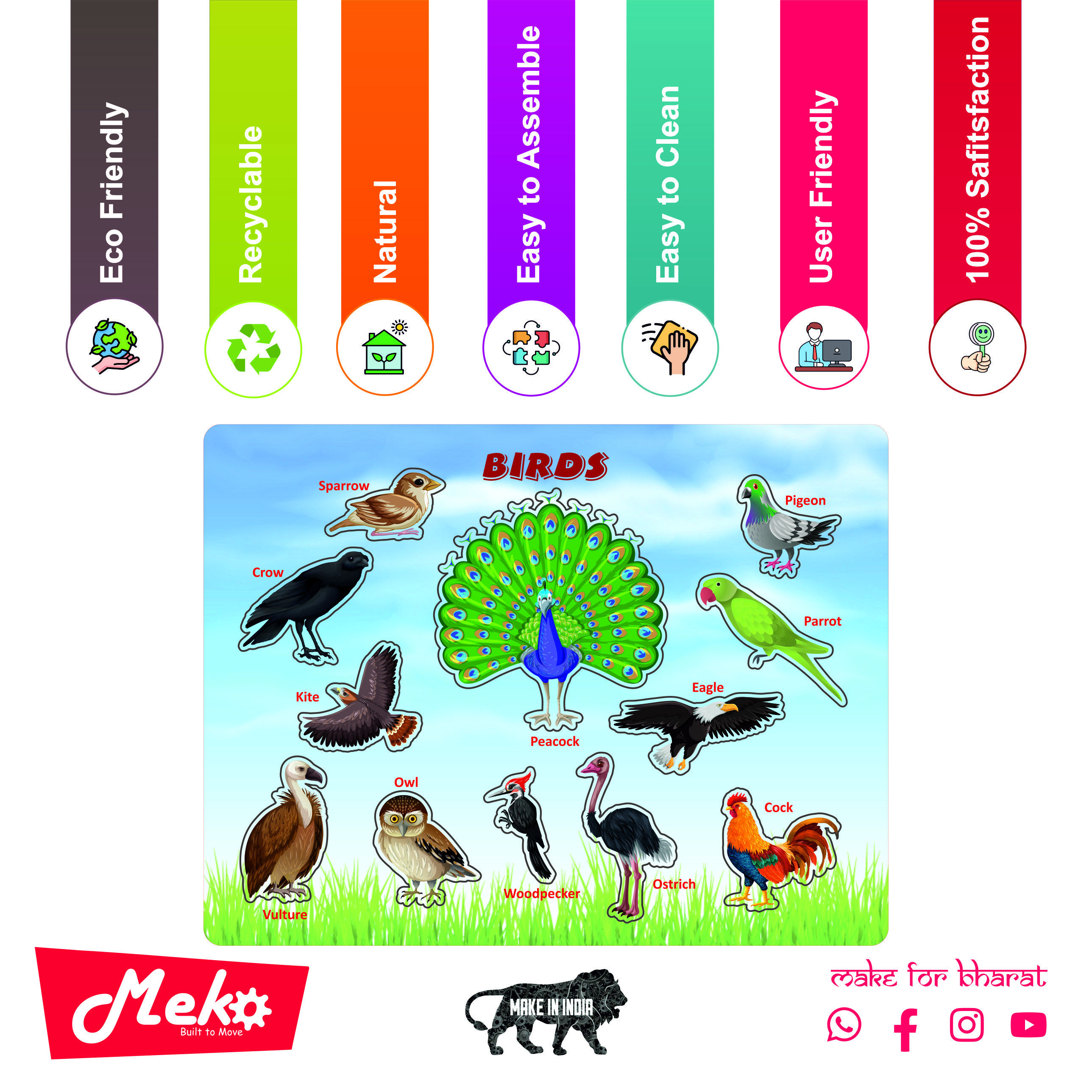 Birds Learning Wooden Puzzle Board for Kids