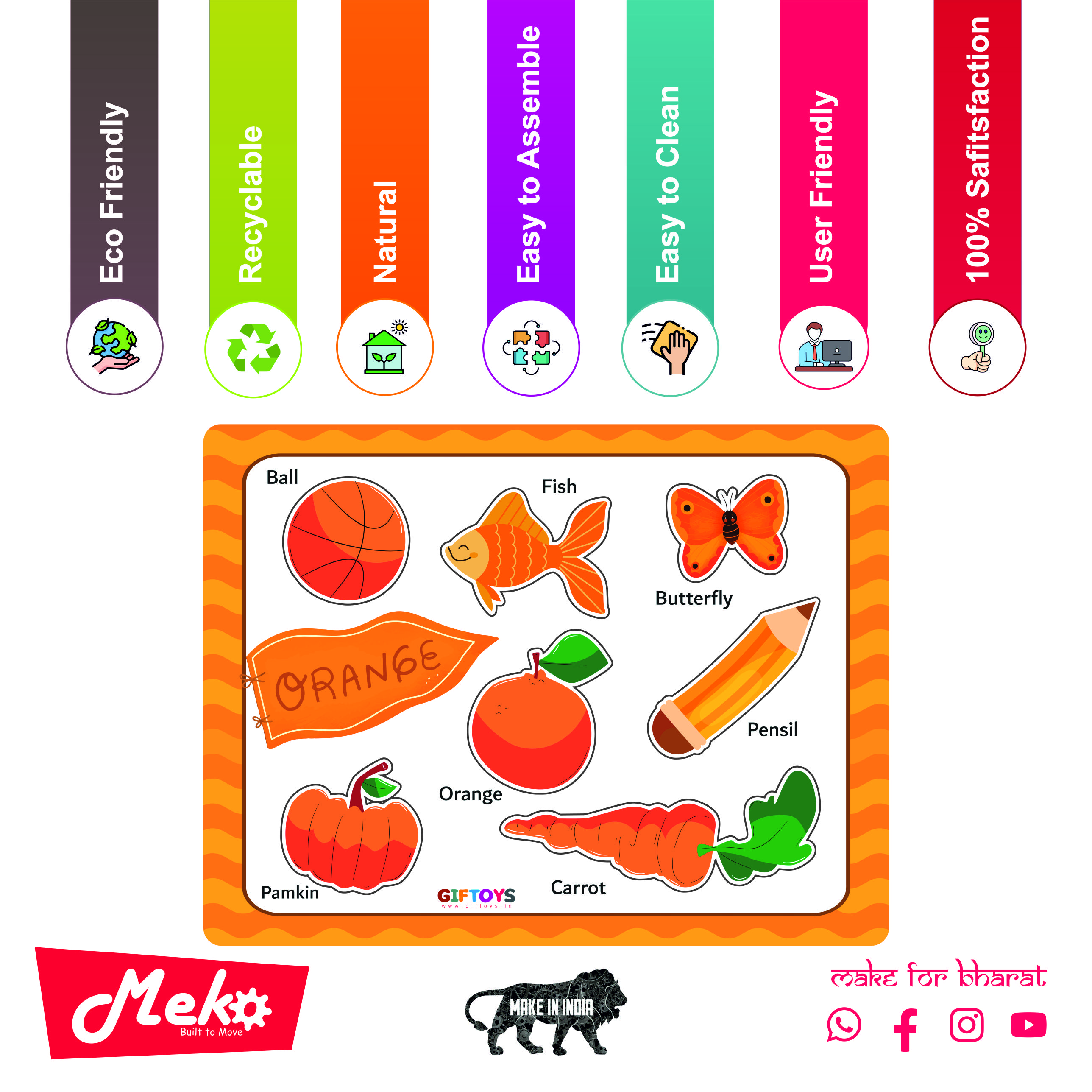 Orange Color Learning Wooden Puzzle Board for Kids