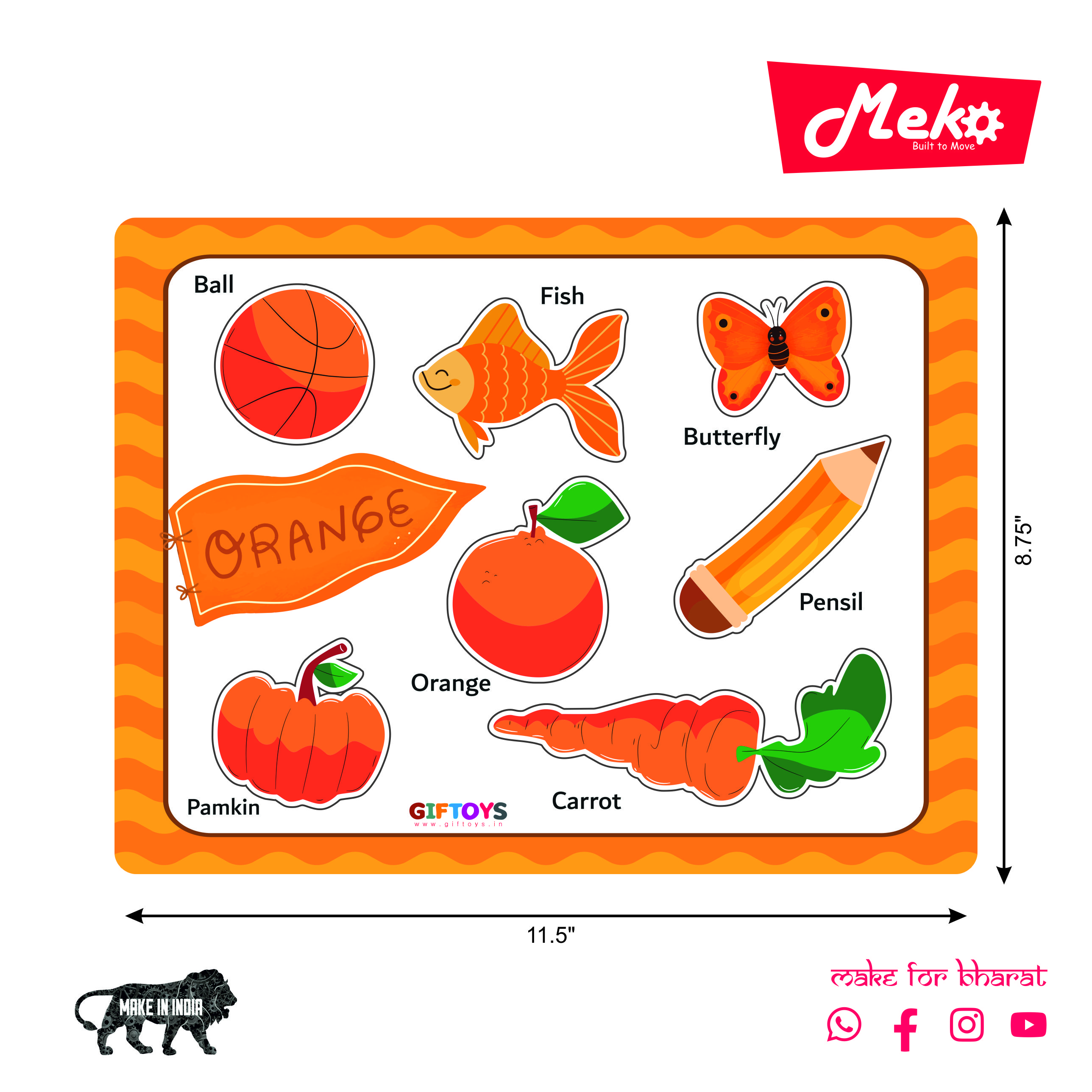 Orange Color Learning Wooden Puzzle Board for Kids